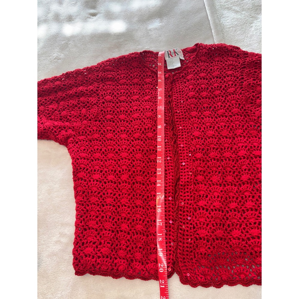 R&K Original Woman Vintage 80s Red Crochet Sequin Cropped Cardigan Plus Size 14W - Picture 8 of 10